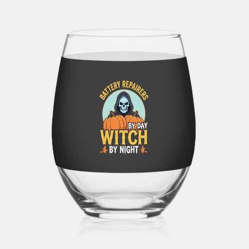 Halloween Battery Repairer Witch By Night Design Stemless Wine Glass