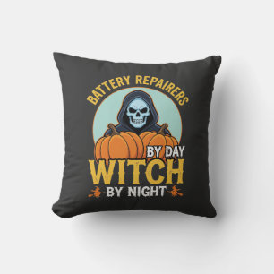 Halloween Battery Repairer Witch By Night Design Throw Pillow