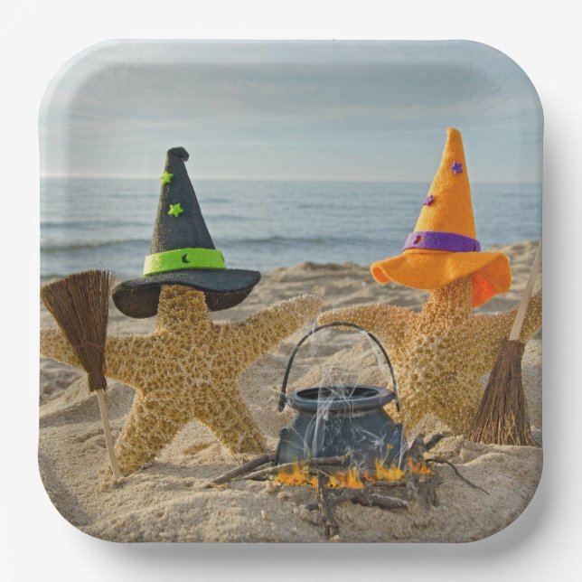 Halloween Beach Starfish Witches Paper Plates (Front)