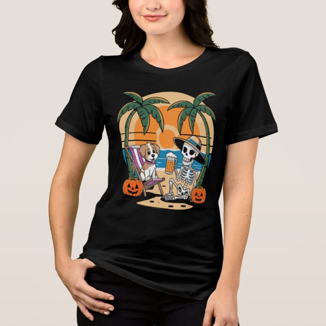 Halloween Beach Vibes Skeleton with Beer Vector  Tri-Blend Shirt (Front)