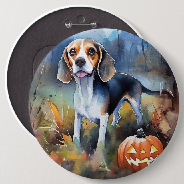Halloween Beagle With Pumpkins Scary Button (Front & Back)