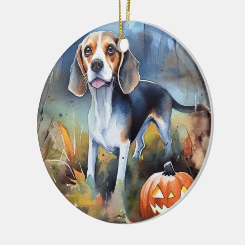 Halloween Beagle With Pumpkins Scary Ceramic Ornament