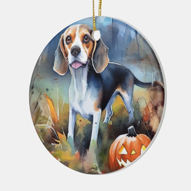 Halloween Beagle With Pumpkins Scary Ceramic Ornament (Left)