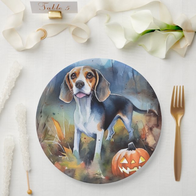 Halloween Beagle With Pumpkins Scary Paper Plates (Wedding)