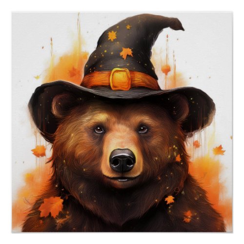 Halloween Bear wearing Witch hat Poster