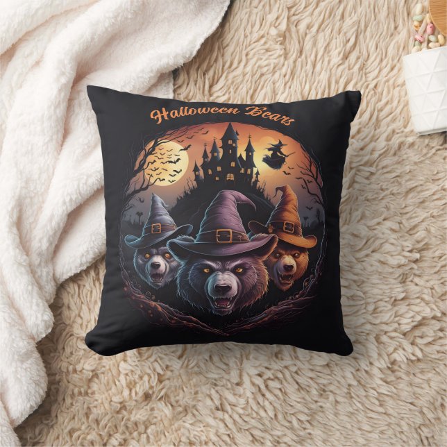 Halloween bears cast spells under a spooky moon throw pillow (Blanket)