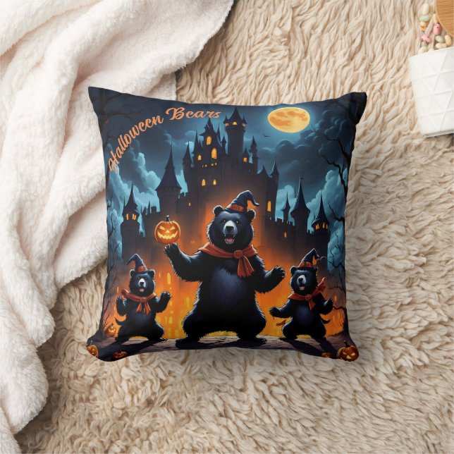 Halloween bears celebrate at a haunted castle throw pillow (Blanket)