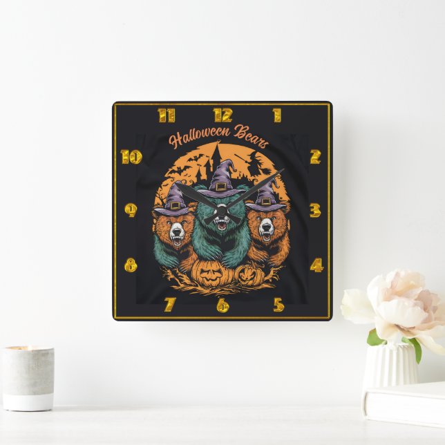 Halloween bears in playful witch hats at night square wall clock (Home)