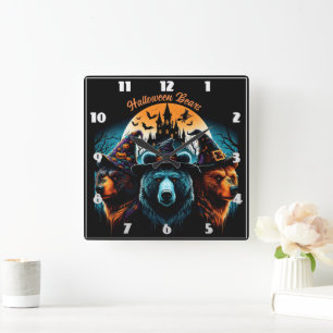 Halloween bears wearing spooky hats at night square wall clock