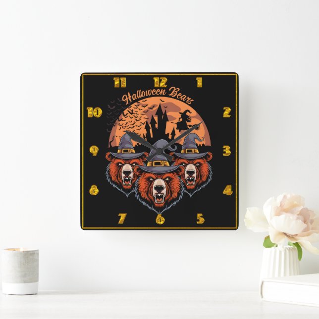 Halloween bears with witch and castle square wall clock (Home)