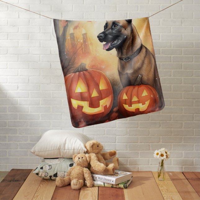 Halloween Belgian Malinoi With Pumpkins Scary Baby Blanket (In Situ)