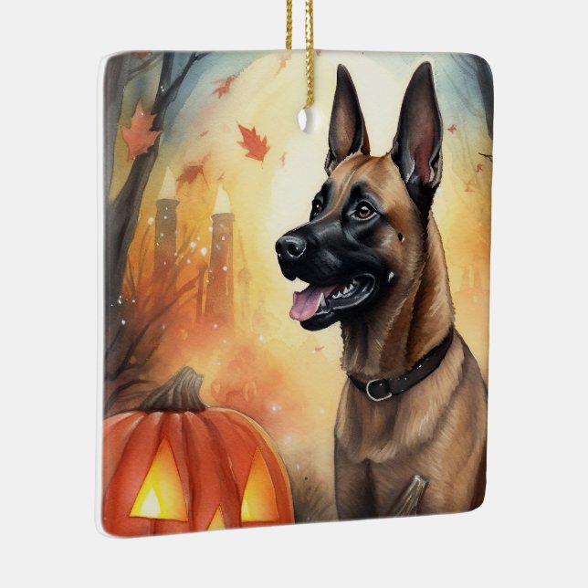Halloween Belgian Malinoi With Pumpkins Scary Ceramic Ornament (Right)