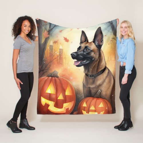 Halloween Belgian Malinoi With Pumpkins Scary Fleece Blanket