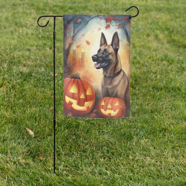 Halloween Belgian Malinoi With Pumpkins Scary Garden Flag (In SItu)