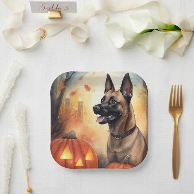 Halloween Belgian Malinoi With Pumpkins Scary Paper Plates (Wedding)