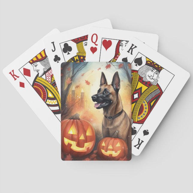 Halloween Belgian Malinoi With Pumpkins Scary Poker Cards (Back)
