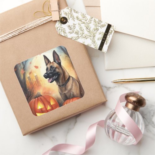 Halloween Belgian Malinoi With Pumpkins Scary Square Sticker