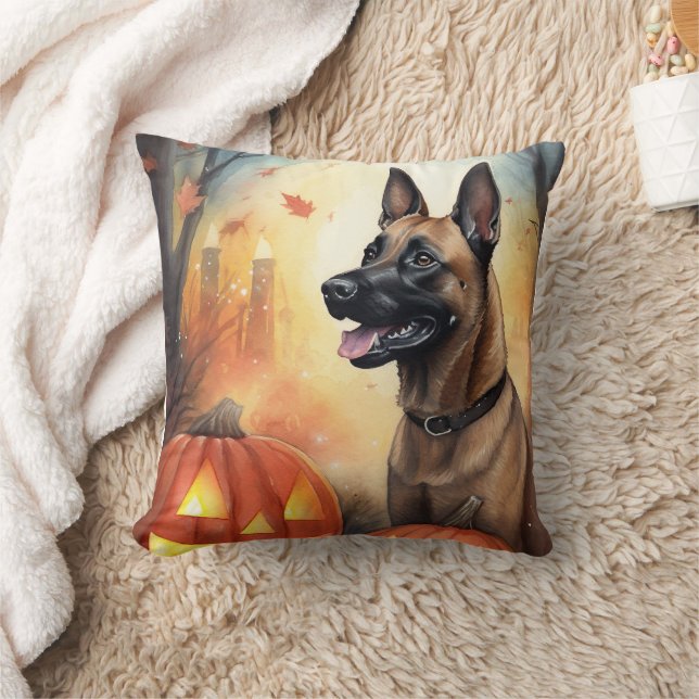 Halloween Belgian Malinoi With Pumpkins Scary Throw Pillow (Blanket)