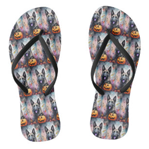 Halloween Belgian Shepherd With Pumpkins Scary Flip Flops