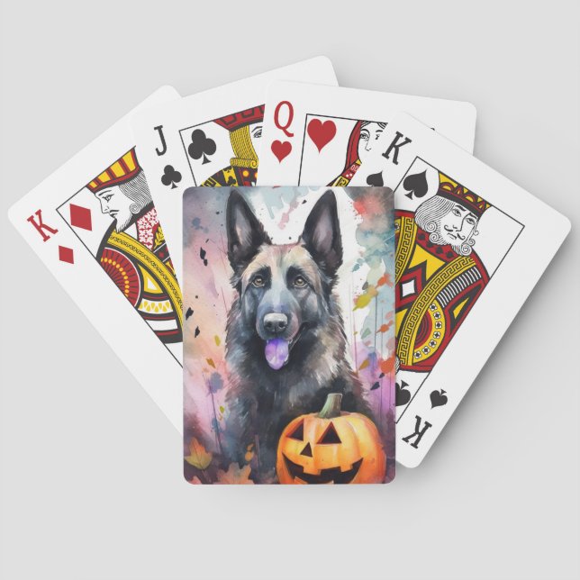 Halloween Belgian Shepherd  With Pumpkins Scary Poker Cards (Back)