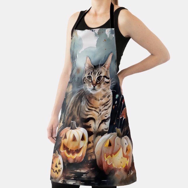 Halloween Bengal Cat With Pumpkins Scary Apron (Insitu)