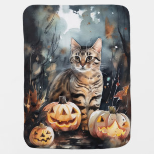 Halloween Bengal Cat With Pumpkins Scary Baby Blanket