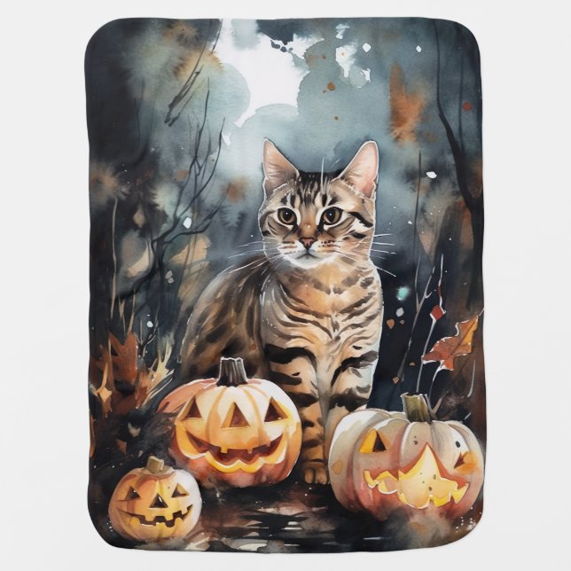 Halloween Bengal Cat With Pumpkins Scary Baby Blanket (Front)