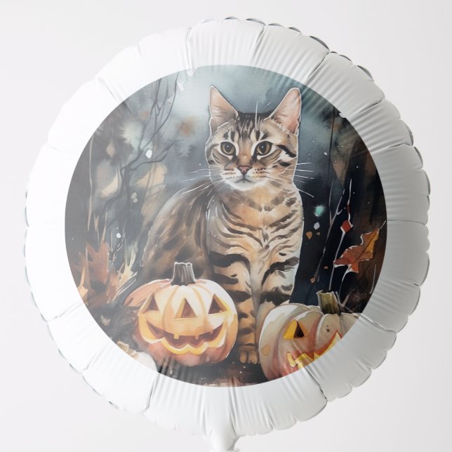 Halloween Bengal Cat With Pumpkins Scary Balloon (Front)