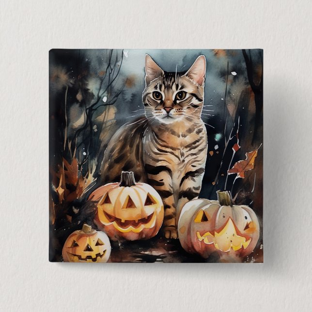 Halloween Bengal Cat With Pumpkins Scary Button (Front)