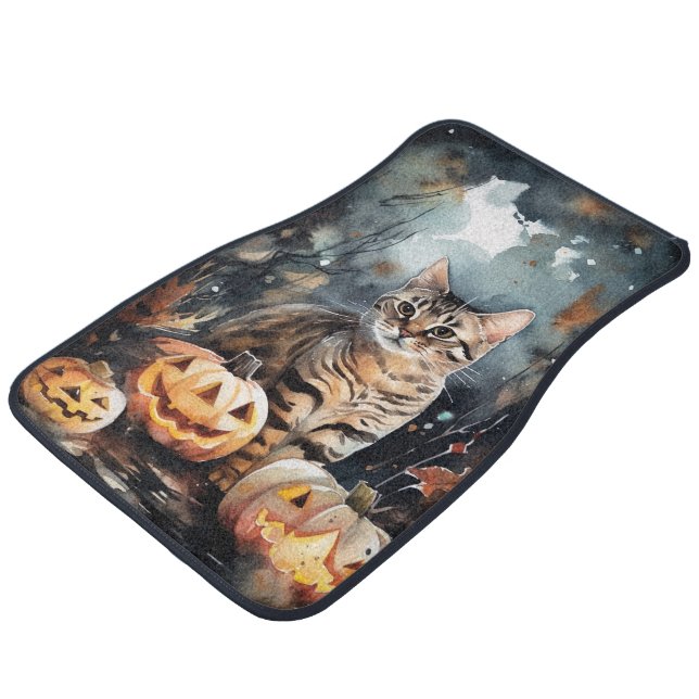 Halloween Bengal Cat With Pumpkins Scary Car Floor Mat (Angled)