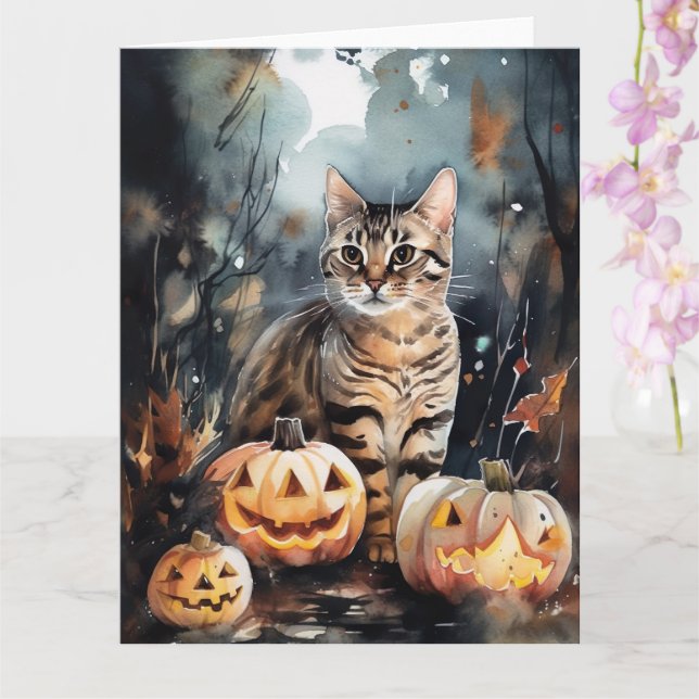 Halloween Bengal Cat With Pumpkins Scary Card (Orchid)