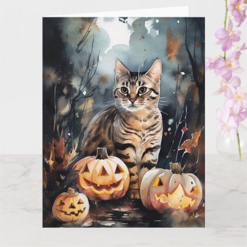 Halloween Bengal Cat With Pumpkins Scary Card