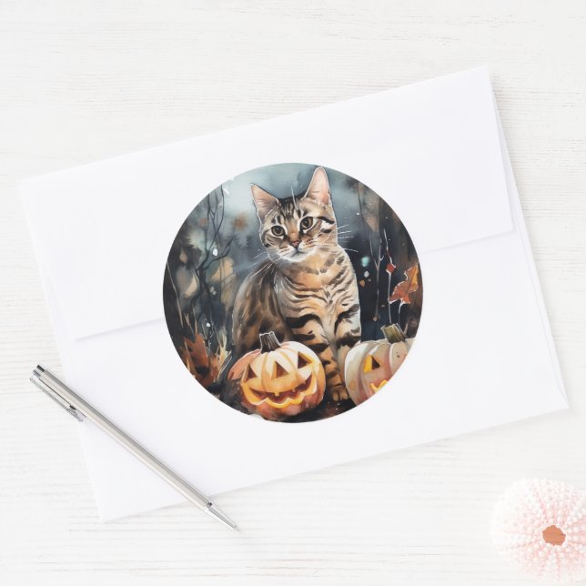 Halloween Bengal Cat With Pumpkins Scary Classic Round Sticker (Envelope)