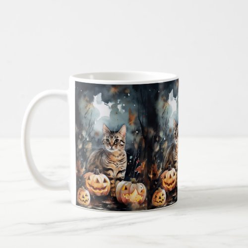 Halloween Bengal Cat With Pumpkins Scary Coffee Mug