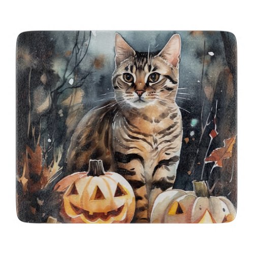 Halloween Bengal Cat With Pumpkins Scary Cutting Board