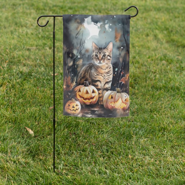 Halloween Bengal Cat With Pumpkins Scary Garden Flag (In SItu)
