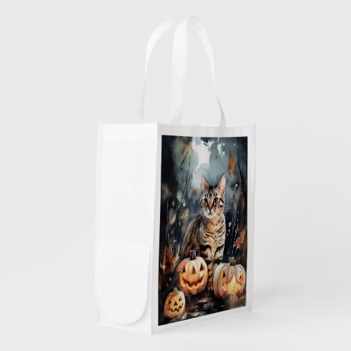 Halloween Bengal Cat With Pumpkins Scary Grocery Bag
