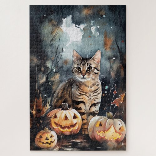 Halloween Bengal Cat With Pumpkins Scary Jigsaw Puzzle