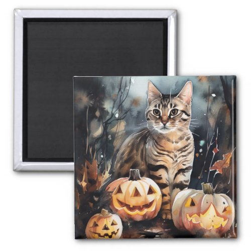 Halloween Bengal Cat With Pumpkins Scary Magnet