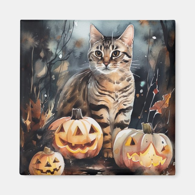 Halloween Bengal Cat With Pumpkins Scary Magnet (Front)