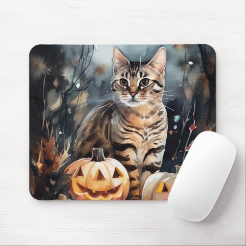 Halloween Bengal Cat With Pumpkins Scary Mouse Pad