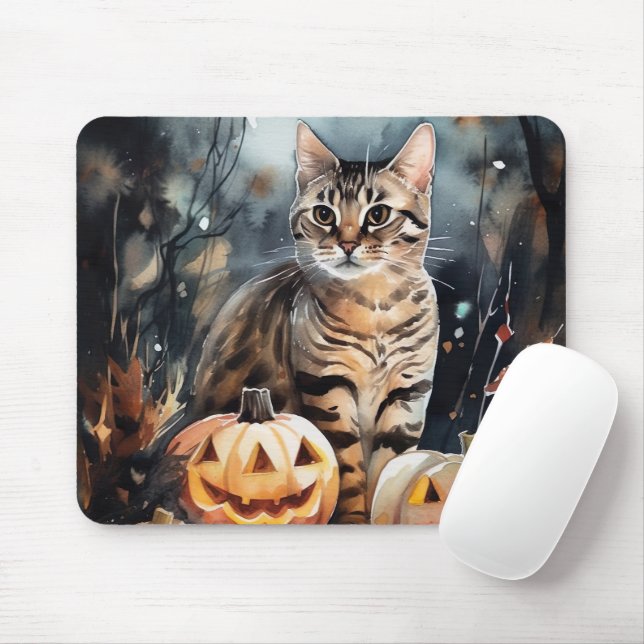Halloween Bengal Cat With Pumpkins Scary Mouse Pad (With Mouse)
