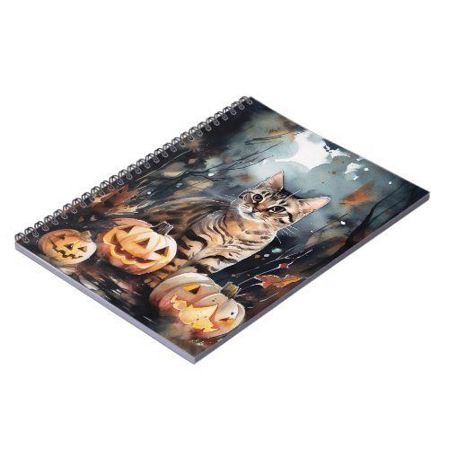 Halloween Bengal Cat With Pumpkins Scary Notebook