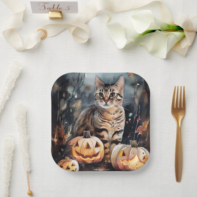 Halloween Bengal Cat With Pumpkins Scary Paper Plates (Wedding)
