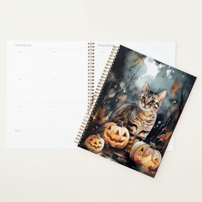 Halloween Bengal Cat With Pumpkins Scary Planner (Display)