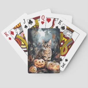 Halloween Bengal Cat With Pumpkins Scary Poker Cards