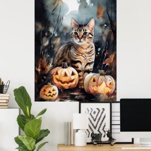 Halloween Bengal Cat With Pumpkins Scary Poster