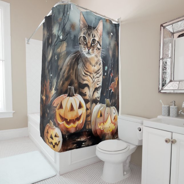 Halloween Bengal Cat With Pumpkins Scary Shower Curtain (In Situ)