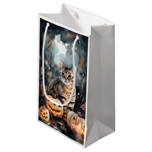 Halloween Bengal Cat With Pumpkins Scary Small Gift Bag