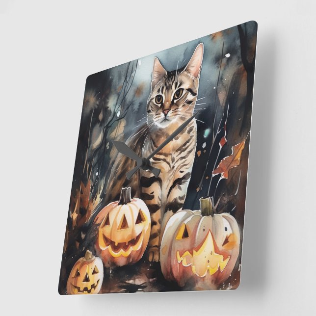 Halloween Bengal Cat With Pumpkins Scary Square Wall Clock (Angle)